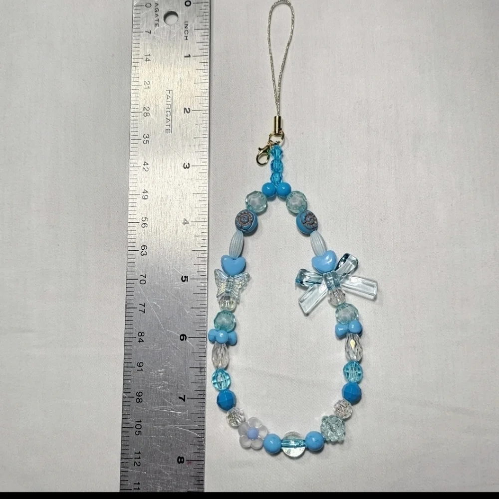 Cute Pastel Blue White Iridescent Beaded Girly Dainty  Phone Charm Wrist Strap